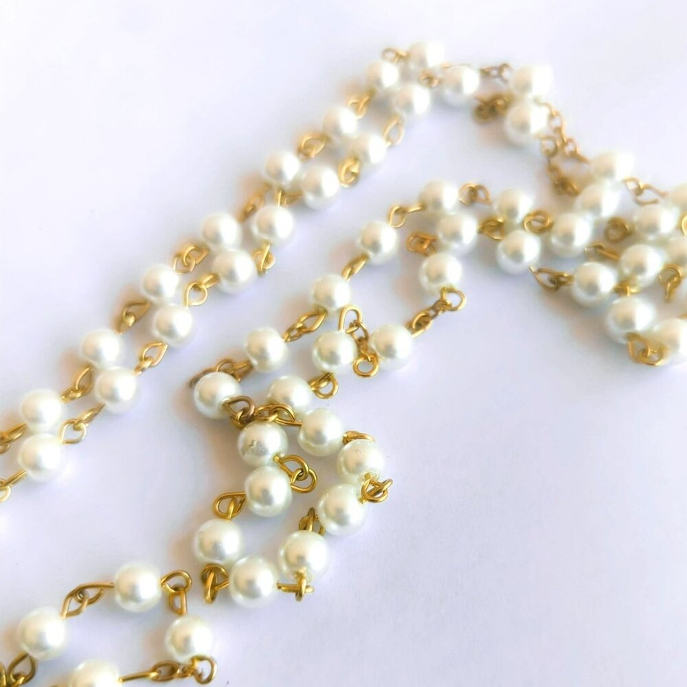 Vintage Faux Pearl Gold-Tone Rosary Necklace Sacred Heart Purity Prayer Beads - Picture 5 of 6